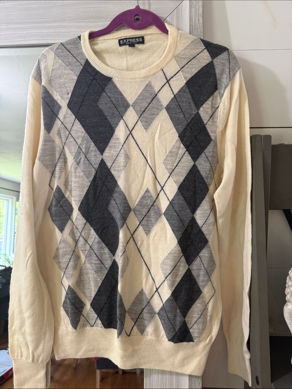 Express Cream and Gray Argyle Crewneck Sweater - Men's